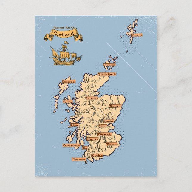 Illustrated Travel map of Scotland Announcement Postcard (Front)