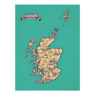 Illustrated Travel map of Scotland (Teal Version) Poster