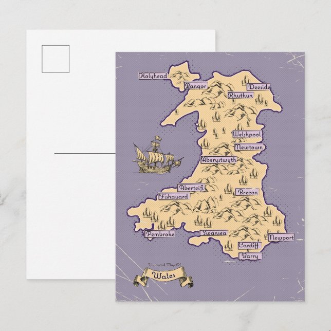 Illustrated Travel map of Wales Invitation Postcard (Front/Back)