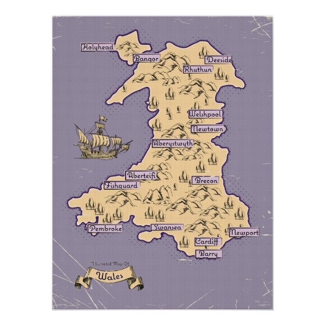 Illustrated Travel map of Wales Poster (Front)