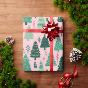 Illustrated Tree Pink Heart Xmas Wrapping Paper