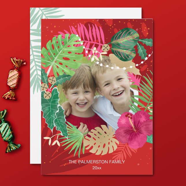 Illustrated Tropical Christmas Wreath Photo Holiday Card (Creator Uploaded)