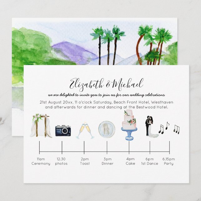 Illustrated Tropical Wedding Timeline Invitation (Front/Back)