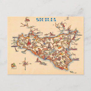 Illustrated Vintage Map of Sicily Postcard