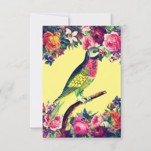Illustrated Vintage Parrot and Flowers Card