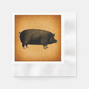Illustrated Vintage Pig Rustic Art Napkin