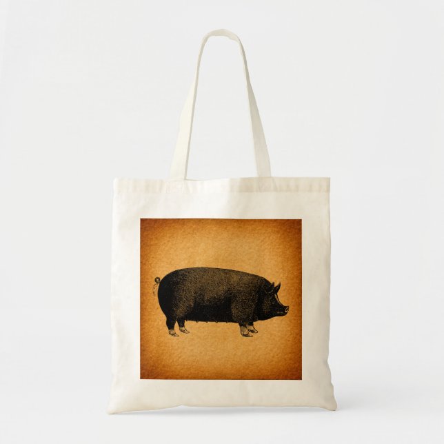 Illustrated Vintage Pig Rustic Art Tote Bag (Front)