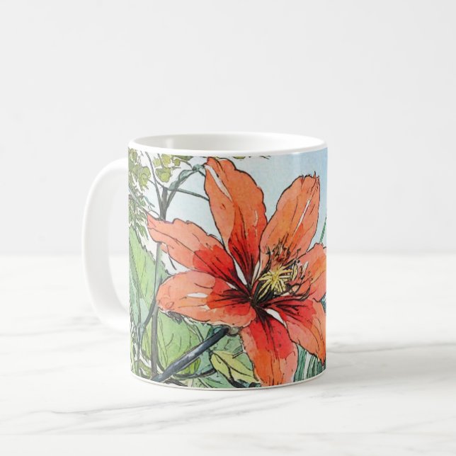 Illustrated Watercolor Botanical Orange Floral Coffee Mug (Front Left)