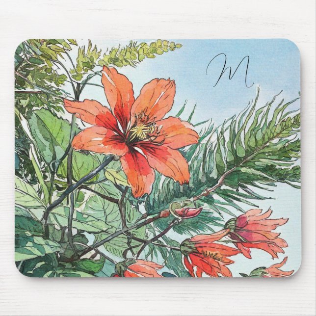 Illustrated Watercolor Botanical Orange Floral Mouse Mat (Front)