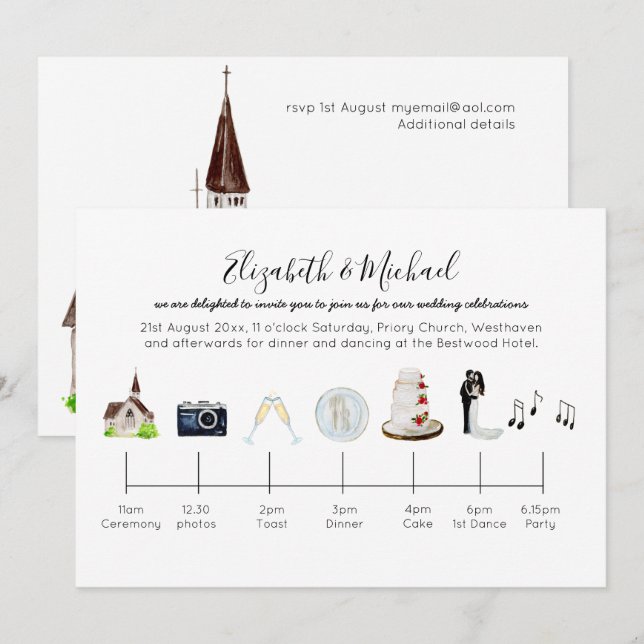 Illustrated Watercolor Church Wedding Timeline Invitation (Front/Back)