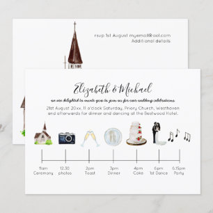 Illustrated Watercolor Church Wedding Timeline Invitation