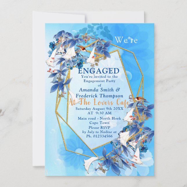Illustrated  Watercolor  Moon-flower Engagement Invitation (Front)