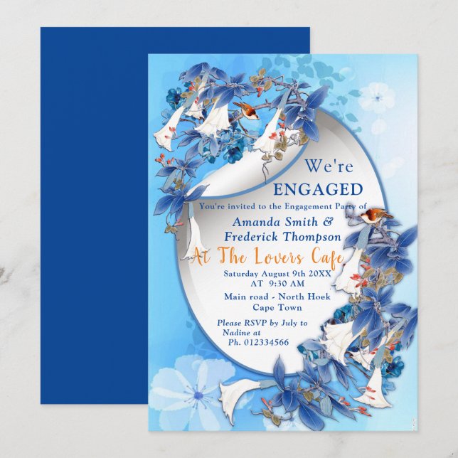 Illustrated  Watercolor  Moon-flower Engagement Invitation (Front/Back)