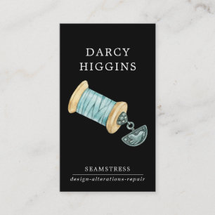 Illustrated Watercolor Seamstress Tailor Black Business Card