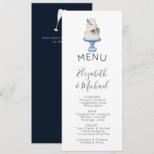 Illustrated Wedding Cake MENU Double sided Invitation (Front/Back)
