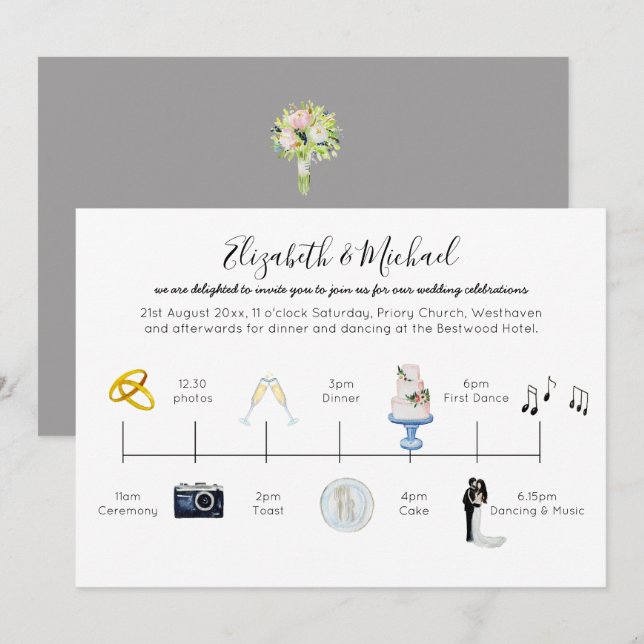 Illustrated Wedding Timeline Invitation Icons Fun (Front/Back)