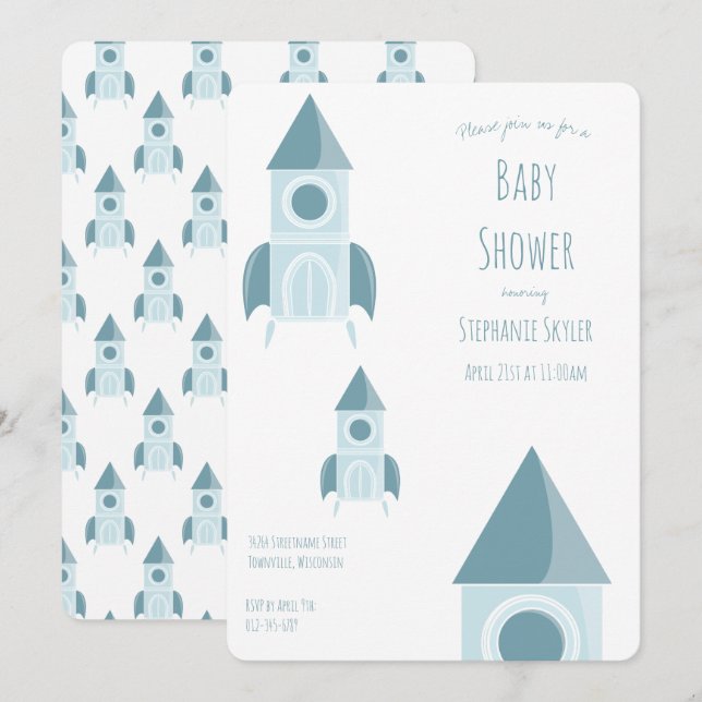 Illustrated White Blue Rocket Ship Baby Shower Invitation (Front/Back)
