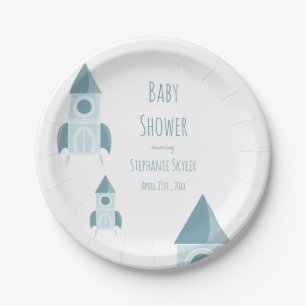 Illustrated White Blue Rocket Ship Baby Shower Paper Plate