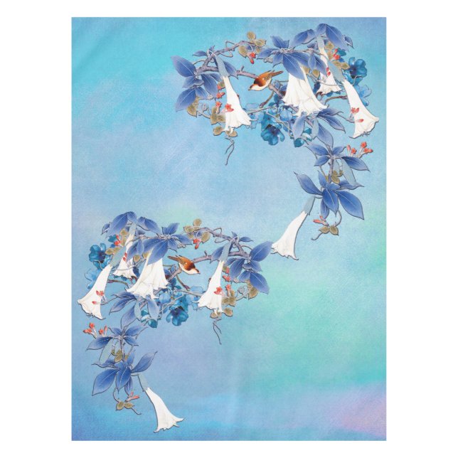 Illustrated  White Watercolor Moonflower Tablecloth (Front)