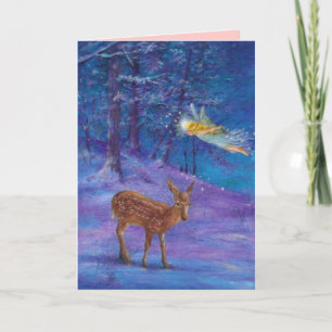 Illustrated winter fairy & deer in magical woods holiday card