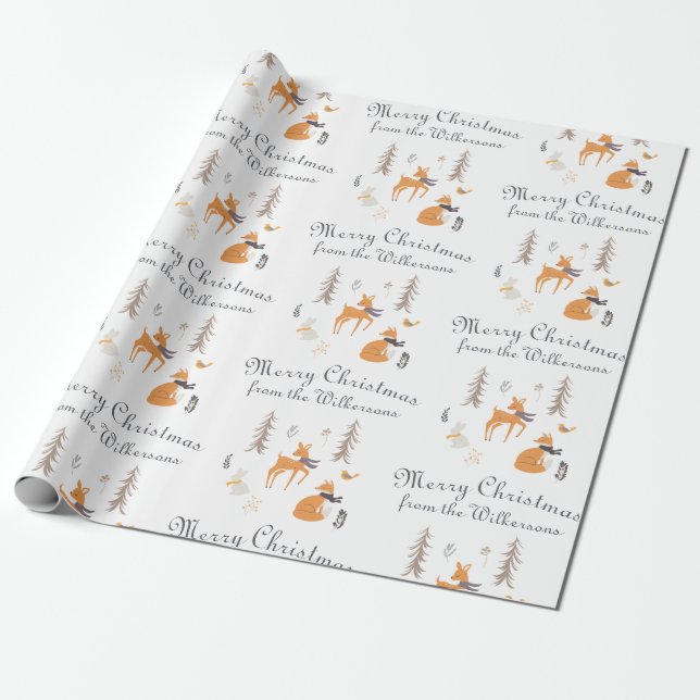 Illustrated Winter Woodland Animals Folk Art Wrapping Paper (Unrolled)