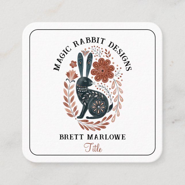 Illustrated Woodland Folk Art Black Rabbit  Square Business Card (Front)