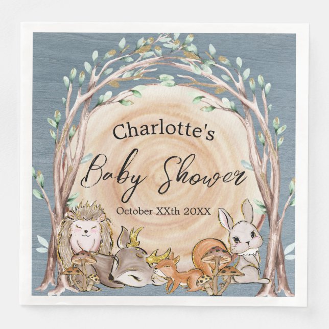 Illustrated Woodland Forest Animals Baby Shower Napkin (Front)