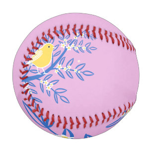Illustrated Yellow Bird on a Pink Background Baseball