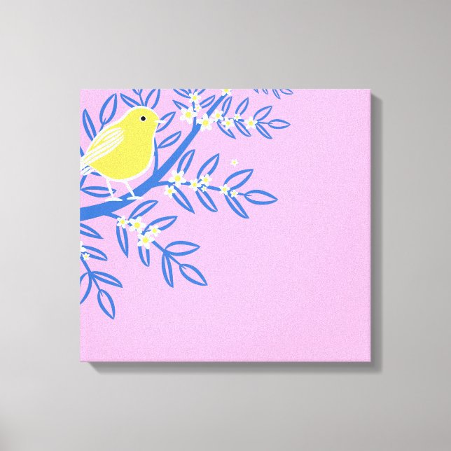 Illustrated Yellow Bird on a Pink Background Canvas Print (Front)