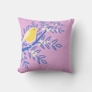 Illustrated Yellow Bird on a Pink Background Cushion