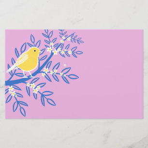 Illustrated Yellow Bird on a Pink Background Stationery