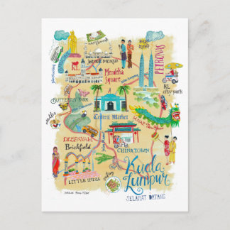 Illustrated Yellow Travel Map Kuala Lumpur Postcard