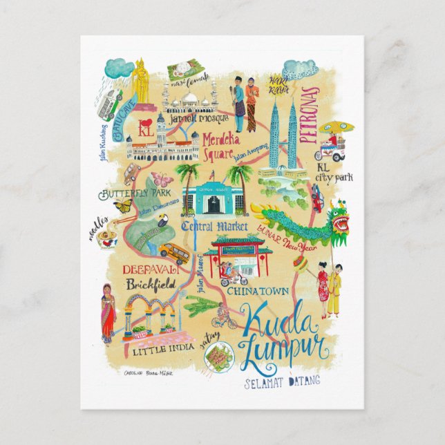 Illustrated Yellow Travel Map Kuala Lumpur Postcard (Front)