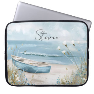 illustration beach scene pastell colours with name laptop sleeve