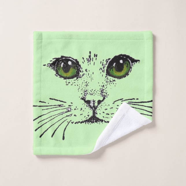 Illustration black Cat Face Green Yellow Eyes Wash Cloth (Wash Cloth)