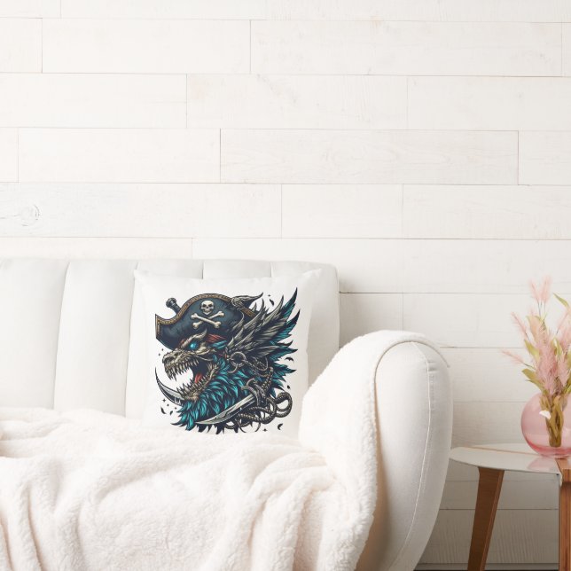 Illustration Blue Dragon Pirate Throw Pillow (Couch)