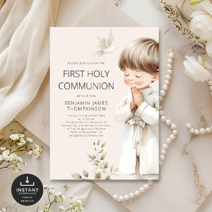 illustration Boy Praying 1st Holy Communion Cream Invitation