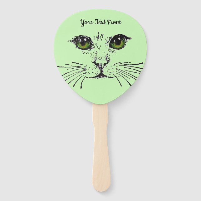 Illustration Cat Face Vibrant Eyes Whiskers Green Hand Fan (Front)