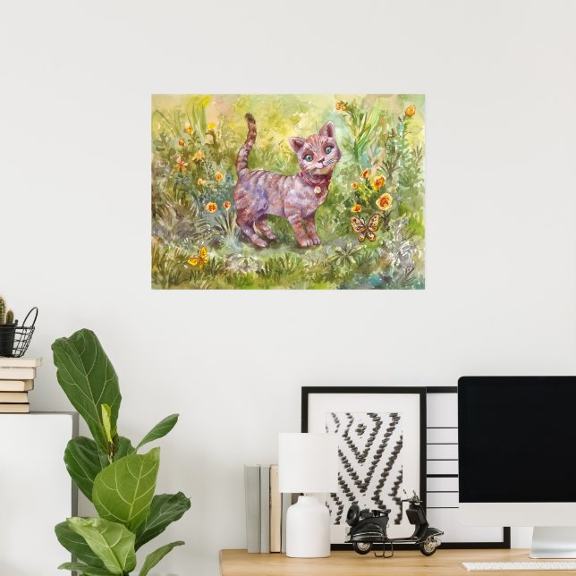 Illustration Cute Kitten Garden Butterfliy Flowers Poster (Home Office)