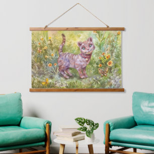 Illustration Cute Kitten Garden Butterfly Flowers Hanging Tapestry