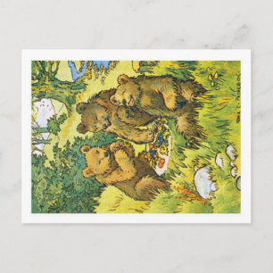Illustration depicting three picnicking bears postcard