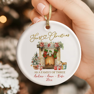 Illustration First Christmas Family of Three Ceramic Tree Decoration
