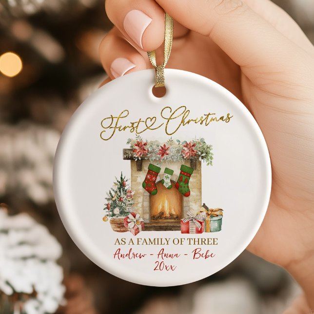 Illustration First Christmas Family of Three Ceramic Tree Decoration (Creator Uploaded)