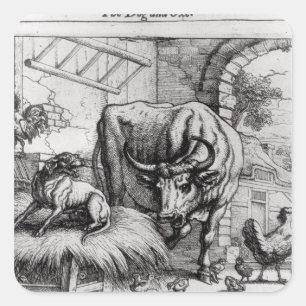Illustration for 'The Dog and the Ox' Square Sticker
