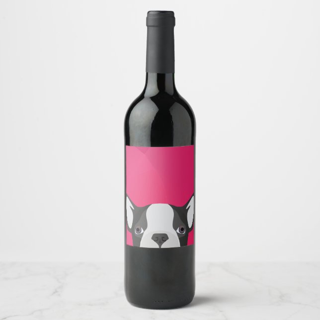 Illustration French Bulldog with pink background Wine Label (Front)