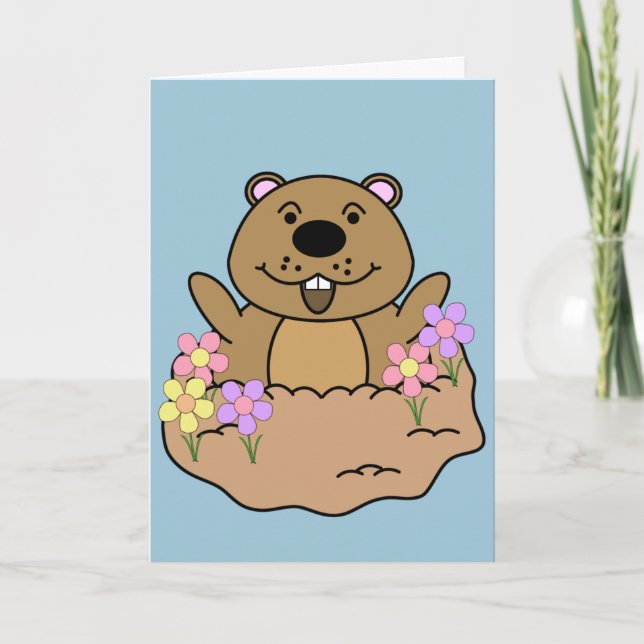 Illustration Groundhog with Flowers Card (Front)