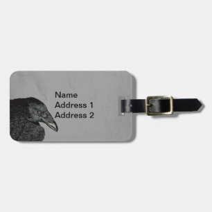 Illustration Head Shoulders of Black Crow on Grey Luggage Tag
