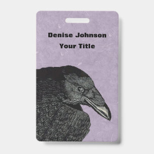 Illustration Head Wing of Black Crow on Purple ID Badge