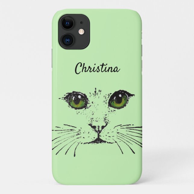 Illustration in Black of Cat Face Whiskers Green Case-Mate iPhone Case (Back)