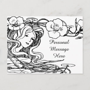 Illustration Lovely Lady Flowing Hair & Flowers Postcard
